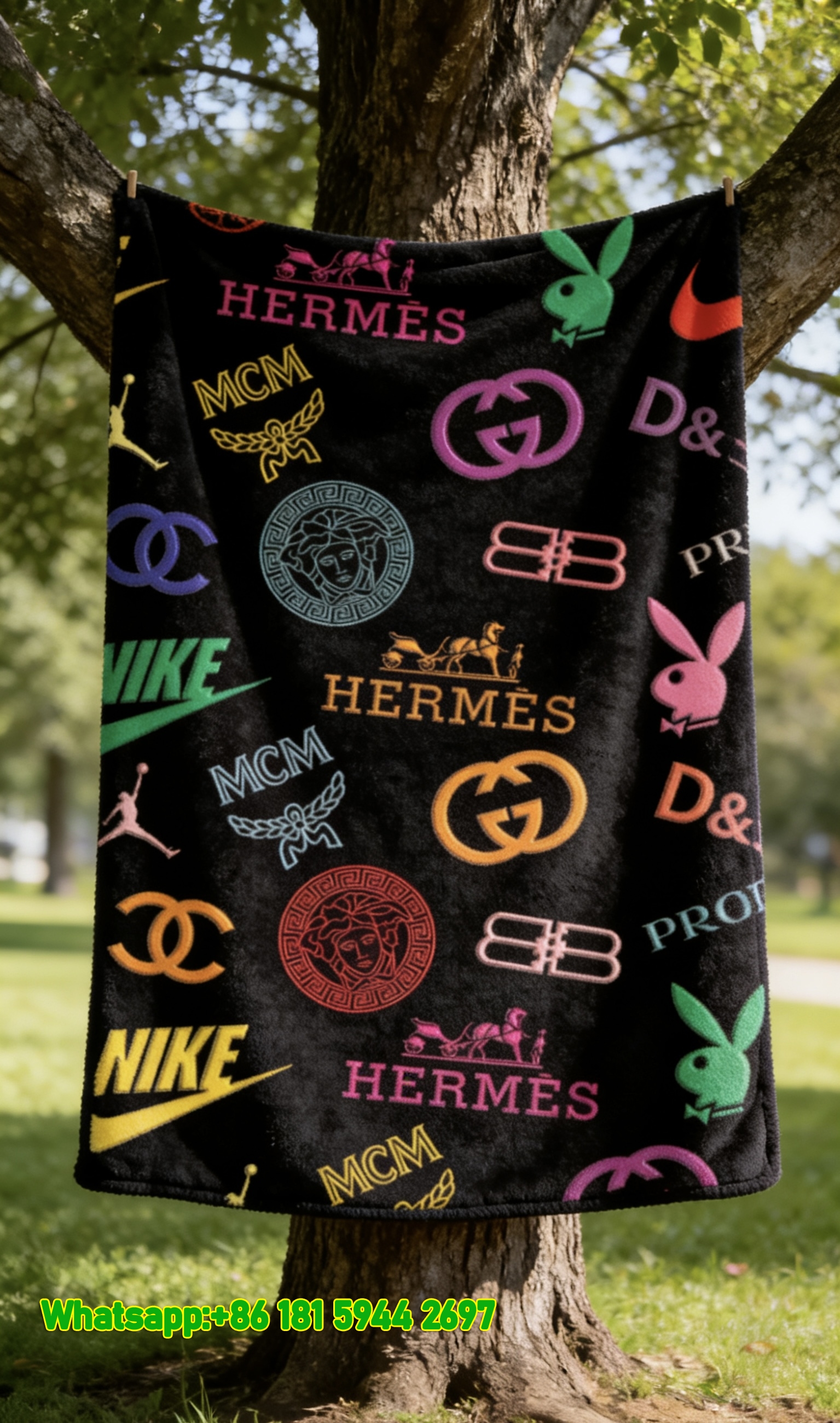 Luxury Hermès & Luxury Brand Logo Collage Flannel Sofa Throw Blanket IMG_4922